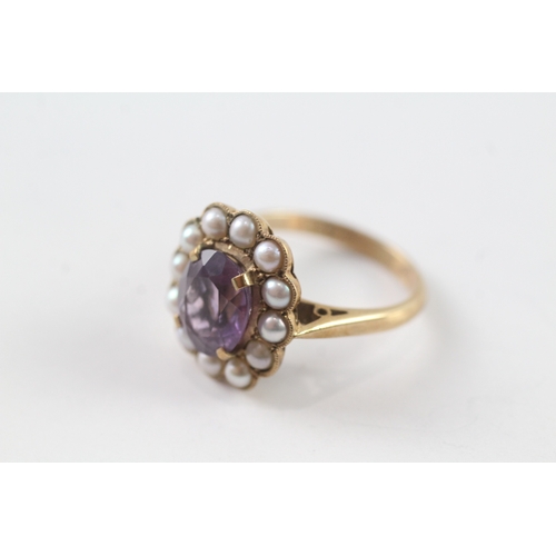 160 - 9ct gold vintage amethyst and cultured pearl halo dress ring (4.5g) Size O