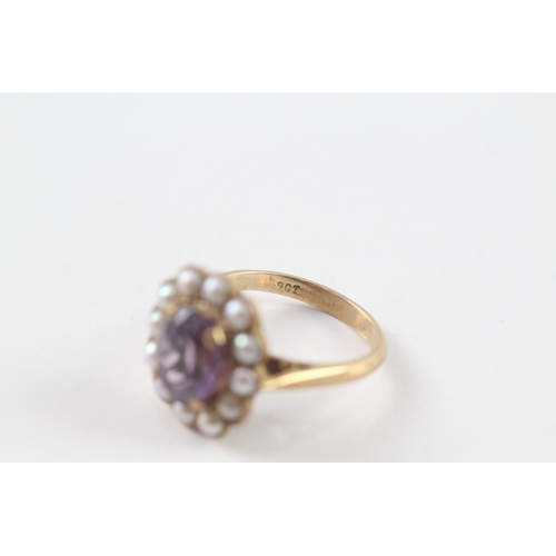 160 - 9ct gold vintage amethyst and cultured pearl halo dress ring (4.5g) Size O