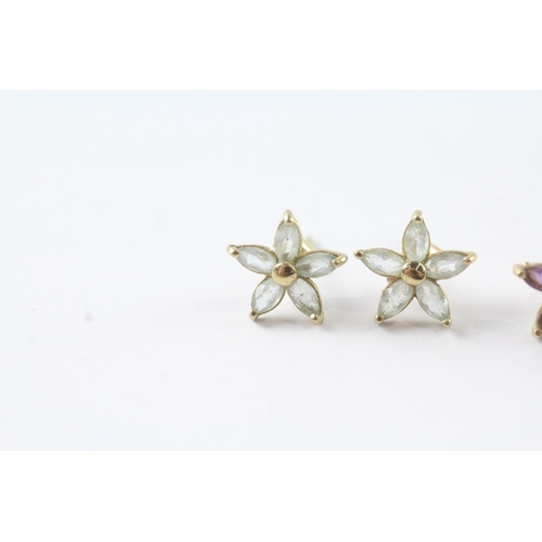 169 - 2x 9ct gold multi gemstone floral stud earrings (1.6g)