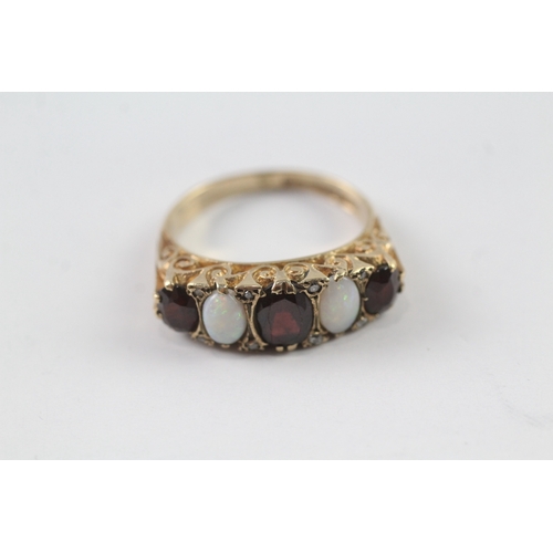 170 - 9ct gold vintage gypsy set opal, garnet and diamond dress ring (5.4g) Size Q