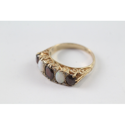 170 - 9ct gold vintage gypsy set opal, garnet and diamond dress ring (5.4g) Size Q