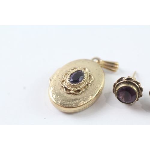 188 - 2x 9ct gold amethyst stud earrings and locket (4.5g)