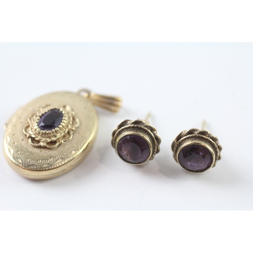 188 - 2x 9ct gold amethyst stud earrings and locket (4.5g)