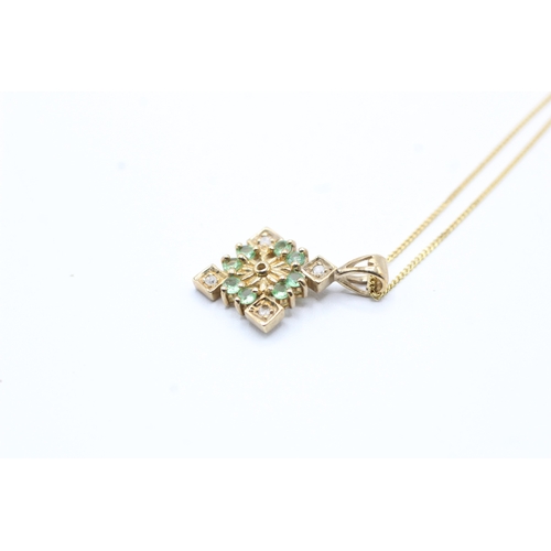 206 - 9ct gold green gemstone and diamond pendant on chain (1.9g)