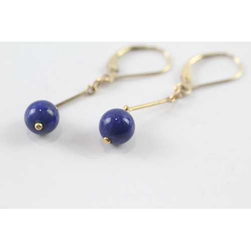 244 - 14ct gold lapis lazuli drop earrings w/ 9ct gold hinged backs (1.9g)