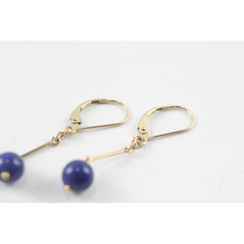 244 - 14ct gold lapis lazuli drop earrings w/ 9ct gold hinged backs (1.9g)