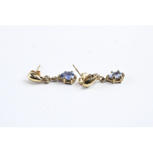 26 - 9ct gold blue gemstone and diamond drop earrings w/ posts (1.4g)