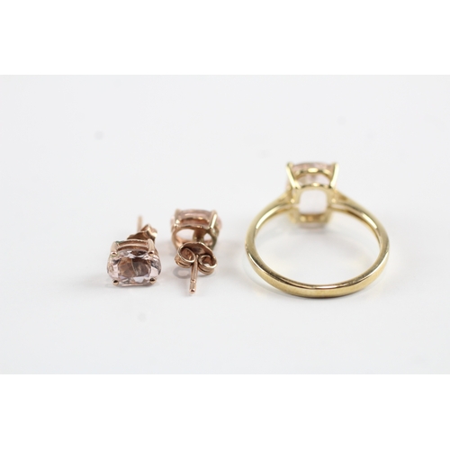 27 - 2x 9ct gold pink gemstone stud earrings & ring set Size L 1/2