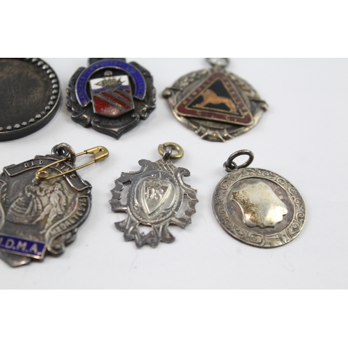 343 - 8 x Antique / Vintage .925 Sterling Silver Fobs / Medallions Inc Enamel (70g)