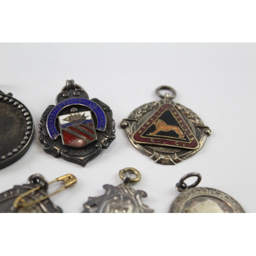 343 - 8 x Antique / Vintage .925 Sterling Silver Fobs / Medallions Inc Enamel (70g)