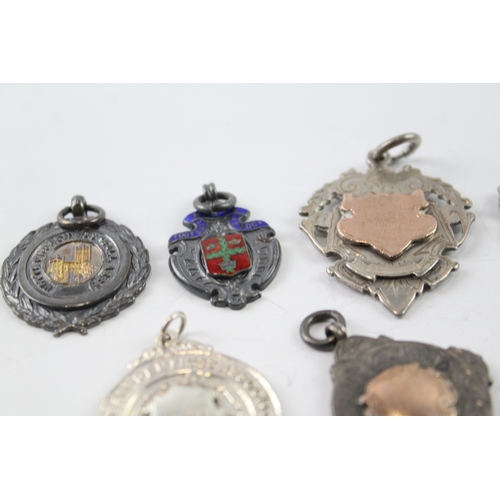 355 - 8 x Antique / Vintage .925 Sterling Silver Fobs / Medallions Inc Enamel (85g)