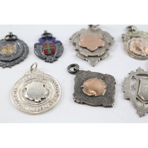 355 - 8 x Antique / Vintage .925 Sterling Silver Fobs / Medallions Inc Enamel (85g)