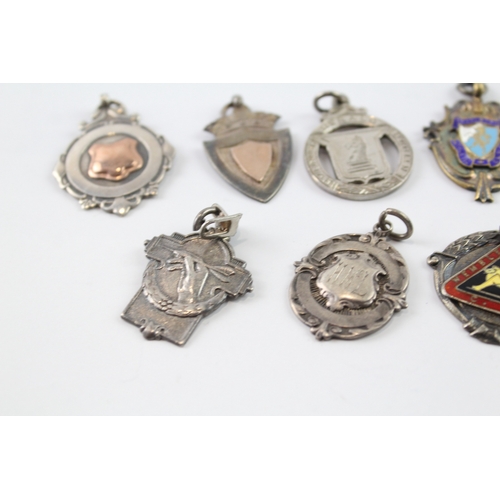 360 - 8 x Antique / Vintage .925 Sterling Silver Fobs / Medallions Inc Enamel (67g)