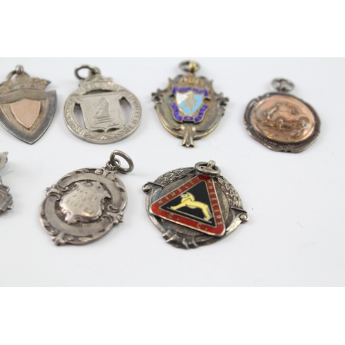 360 - 8 x Antique / Vintage .925 Sterling Silver Fobs / Medallions Inc Enamel (67g)