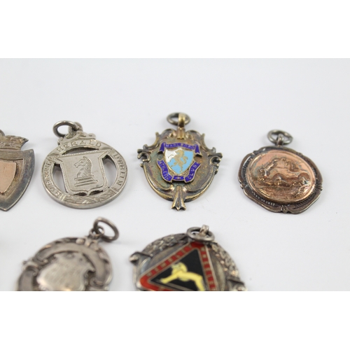 360 - 8 x Antique / Vintage .925 Sterling Silver Fobs / Medallions Inc Enamel (67g)