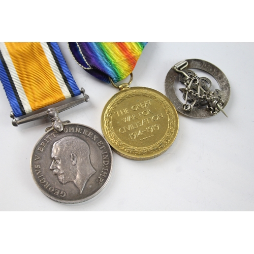 376 - WW1 Medal Pair & SWB 23974 Pte W. Walker KSLI Badge #B126035 x 3