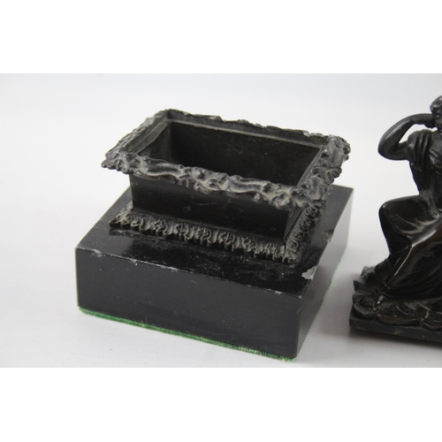 398 - Vintage Bronze Statuette Ink Stand Desk Item w/ Black Onyx Base