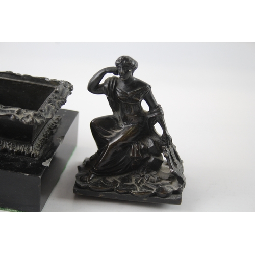 398 - Vintage Bronze Statuette Ink Stand Desk Item w/ Black Onyx Base