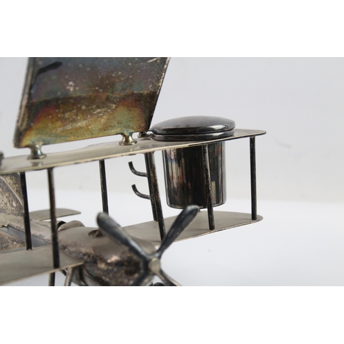 403 - Vintage Silver Plate EPNS Novelty Aircraft Inkwell / Desk Tidy (644g)