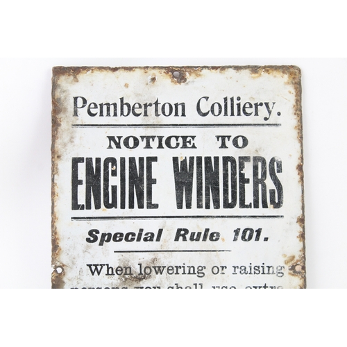 406 - Vintage 'Pemberton Colliery' Special Rule 101 Enamel Instructional Sign