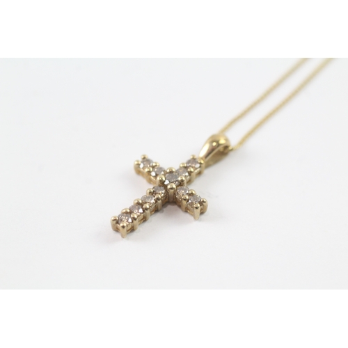 44 - 9ct gold champagne diamond cross pendant necklace (1.8g)