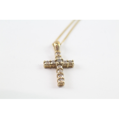 44 - 9ct gold champagne diamond cross pendant necklace (1.8g)