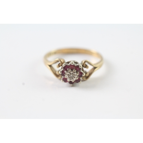 66 - 9ct gold ruby and diamond floral cluster dress ring (2.9g) Size R