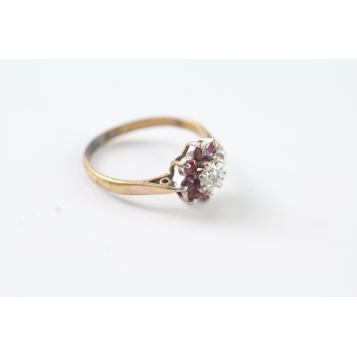 80 - 9ct gold vintage ruby & diamond cluster ring (1.9g) Size M