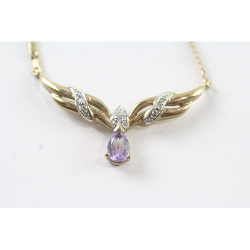 95 - 9ct gold amethyst & diamond necklace (6g)