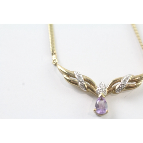 95 - 9ct gold amethyst & diamond necklace (6g)