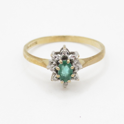 22 - 9ct gold emerald and diamond halo dress ring (1.4g) Size N