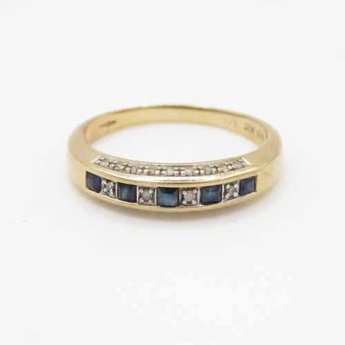 3 - 9ct gold sapphire and diamond half eternity dress ring w/ diamond set gallery (2.6g) Size R 1/2