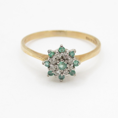 40 - 9ct gold emerald and diamond floral cluster dress ring (1.9g) Size R