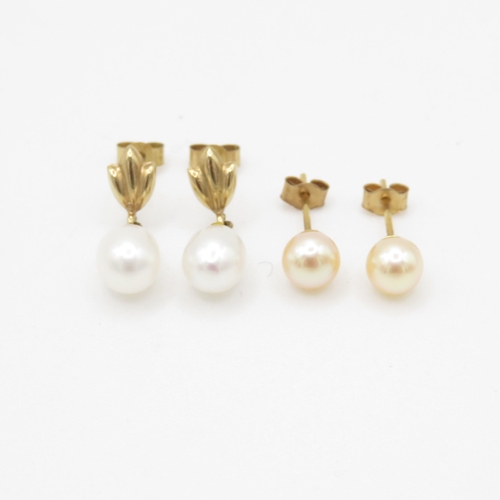 45 - 9ct gold x2 cultured pearl stud earrings & drop earrings (1.8g)