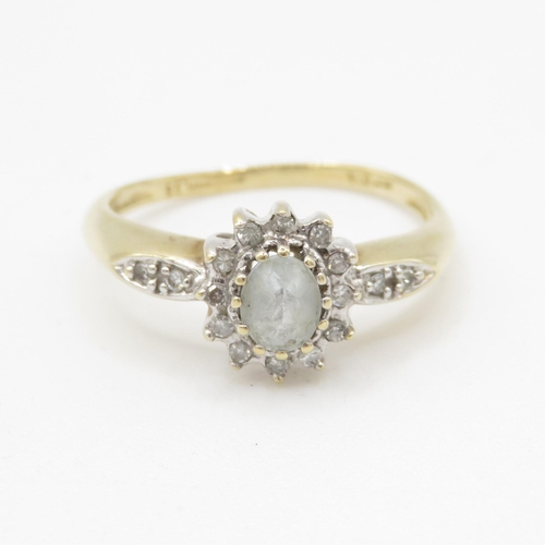 56 - 9ct gold vintage blue gemstone & diamond cluster ring (2.7g) - as seen - misshapen Size O 1/2