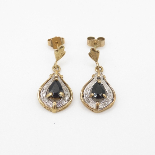 60 - 9ct gold sapphire and diamond drop earrings (3g)