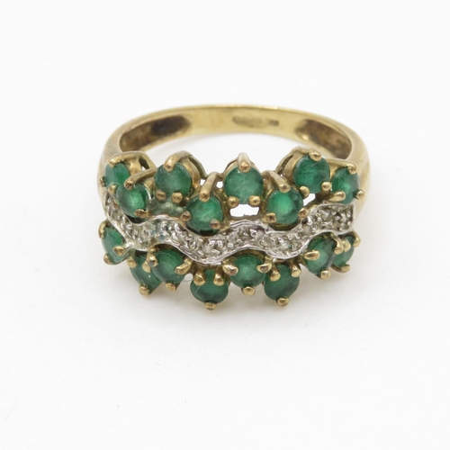 92 - 9ct gold emerald and diamond multi row cocktail ring (3.8g) Size Q 1/2