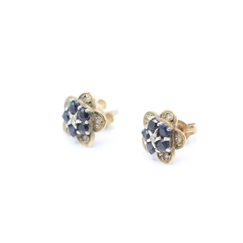 137 - 9ct gold sapphire and diamond cluster stud earrings (2.1g)