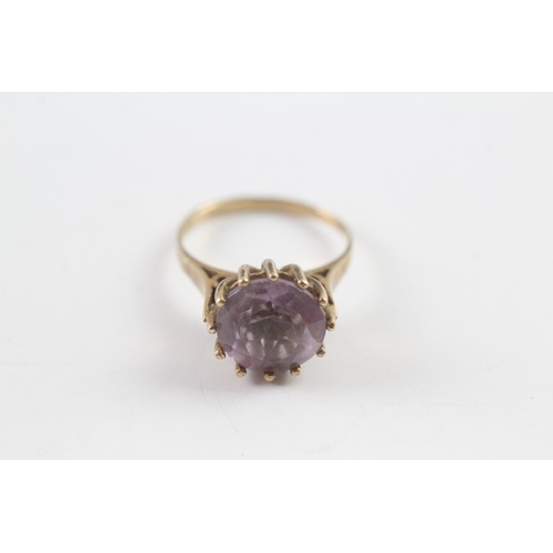 15 - 9ct gold vintage round cut amethyst high profile dress ring (3.2g) Size N