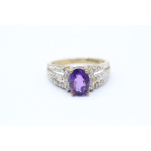 199 - 9ct gold amethyst & diamond shoulders solitaire dress ring (2.8g) Size M