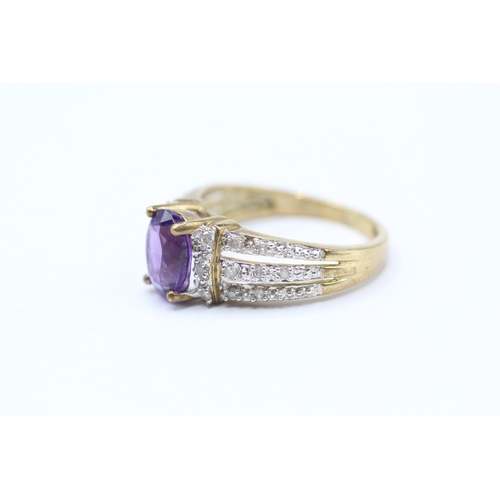 199 - 9ct gold amethyst & diamond shoulders solitaire dress ring (2.8g) Size M