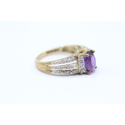 199 - 9ct gold amethyst & diamond shoulders solitaire dress ring (2.8g) Size M