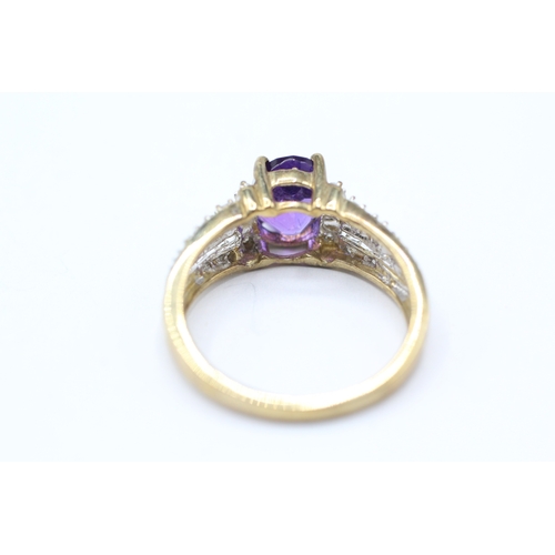 199 - 9ct gold amethyst & diamond shoulders solitaire dress ring (2.8g) Size M