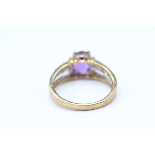 199 - 9ct gold amethyst & diamond shoulders solitaire dress ring (2.8g) Size M