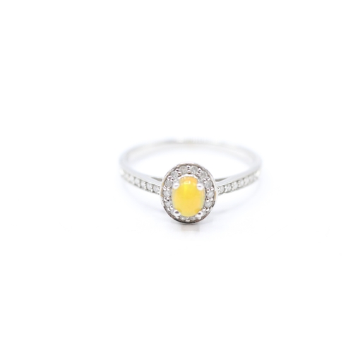 206 - 9ct white gold diamond and fire opal halo ring (1.9g) Size N