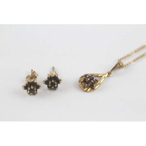 215 - 9ct gold x2 sapphire teardrop pendant necklace & cluster stud earrings set (3.4g)