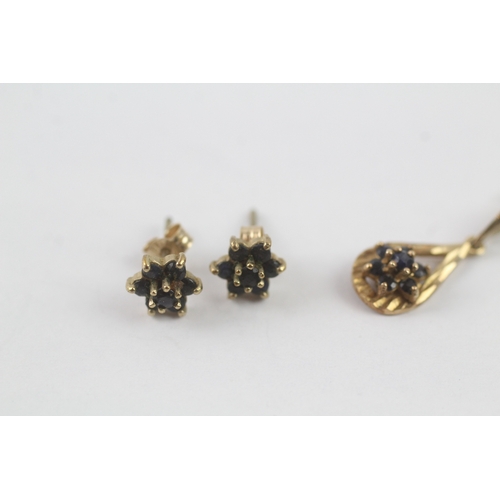 215 - 9ct gold x2 sapphire teardrop pendant necklace & cluster stud earrings set (3.4g)