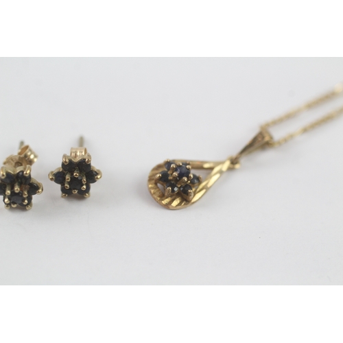 215 - 9ct gold x2 sapphire teardrop pendant necklace & cluster stud earrings set (3.4g)