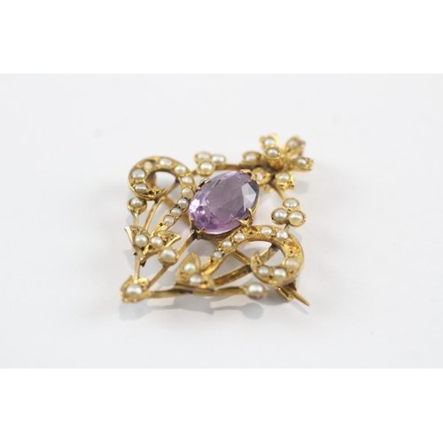 246 - 9ct gold seed pearl & amethyst lavaliere brooch (4g)