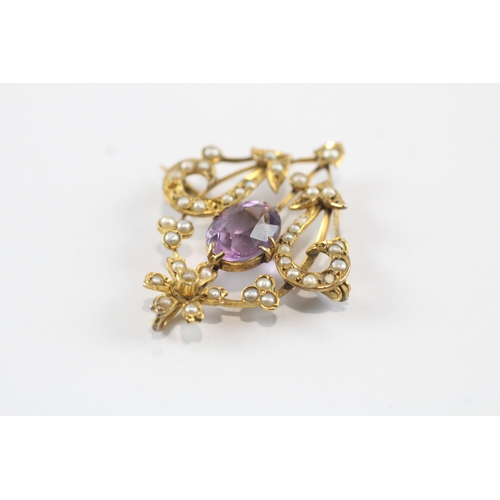 246 - 9ct gold seed pearl & amethyst lavaliere brooch (4g)